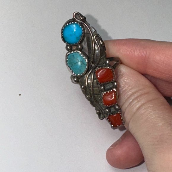 Sterling Silver Turquoise And Coral Ring, Size 9 - Picture 6 of 14
